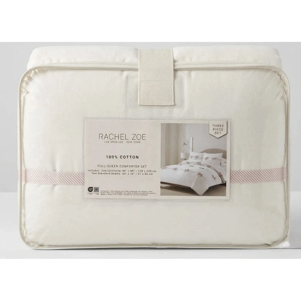 Rachel Zoe Bow Comforter 3 Pcs Set Full Queen White Pink Embroidered 100% Cotton